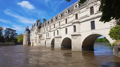 Cher River flowing below Château de Chenonceau in Spring Stock Footage 279887902