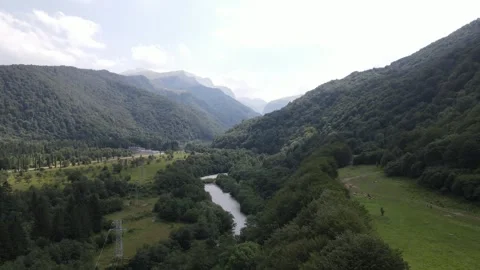 Cherek River Valley Caucasus Mountains Drone 4K Stock Footage 336949619