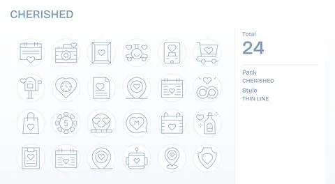 Cherished featuring 24 64x64 Vector Icons in Thin Line Design Stock Illustration
