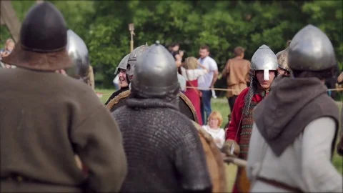 CHERNIVTSI, UKRAINE - JUNE 18, 2017: Fights on swords - war of Vikings Stock Footage