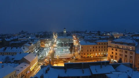 Chernivtsi in the winter evening. Central Square. Stock Footage 102867165