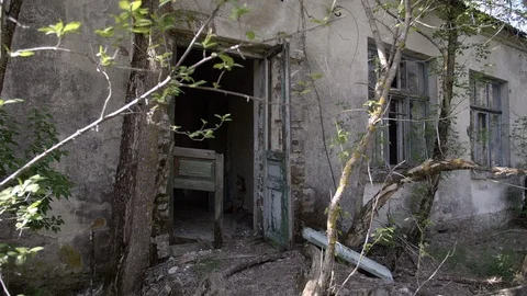 Chernobyl Exclusion Zone. Abandoned School in Mashevo Village. Wide Dolly Shot Stock Footage 128666729
