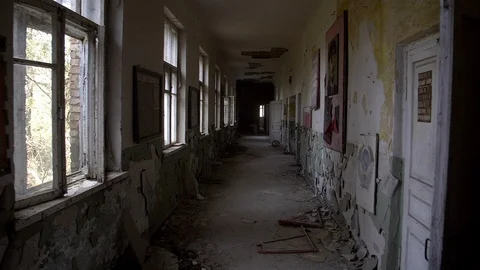 Chernobyl Exclusion Zone. Inside an Abandoned School in Mashevo Village. Wide Stock Footage 128661138