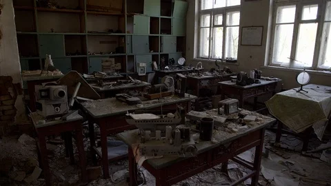Chernobyl Exclusion Zone. Inside an Abandoned School in Mashevo Village. Wide Stock Footage 128662480