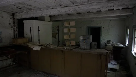 Chernobyl Exclusion Zone. Inside abandoned post office in Krasnoe Village. Wide Stock Footage 128663411