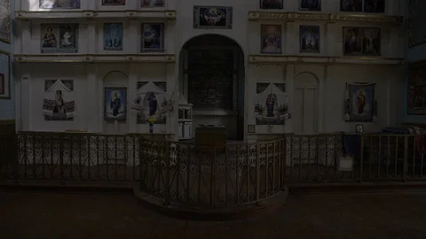 Chernobyl Exclusion Zone. Inside abandoned St. Michaels church Krasnoe Village. Stock Footage 128663926