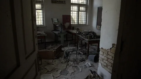 Chernobyl Exclusion Zone. Inside an Abandoned School in Mashevo Village. Wide Stock Footage 128664974