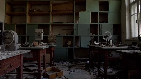 Chernobyl Exclusion Zone. Inside an Abandoned School in Mashevo Village. Wide Stock Footage 128665069