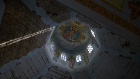 Chernobyl Exclusion Zone. Inside abandoned St. Michaels church Krasnoe Village. Stock Footage 128665939