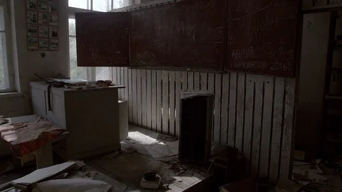 Chernobyl Exclusion Zone. Inside an Abandoned School in Mashevo Village. Wide Stock Footage 128666247