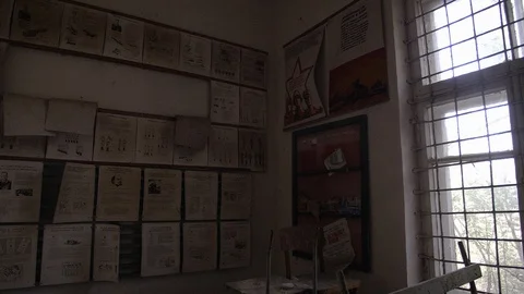 Chernobyl Exclusion Zone. Inside an Abandoned School in Mashevo Village. Wide Stock Footage 128666411