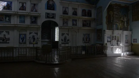 Chernobyl Exclusion Zone. Inside abandoned St. Michaels church Krasnoe Village. Stock Footage 128666827