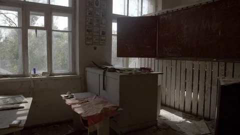 Chernobyl Exclusion Zone. Inside an Abandoned School in Mashevo Village. Wide Stock Footage 128667133