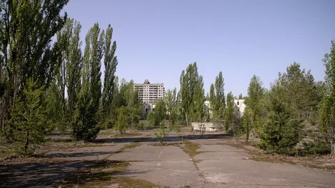 Chernobyl Exclusion Zone. Main Square in Prypiat. Wide Dolly Shot Stock Footage 128664827