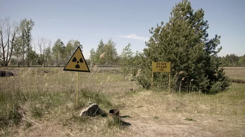 Chernobyl Exclusion Zone. Welcome statule of Prypiat city Ghost Town. Wide dolly Stock Footage 128667047