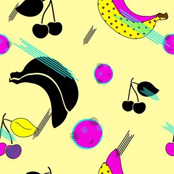 Cherries and banana seamless pattern in pop art style. Stock Illustration