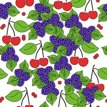 Cherries and blackberries seamless pattern in pop art style. Stock Illustration
