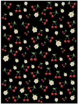 Cherries and cherry blossom pattern on black background. Sakura tree 스톡 일러스트