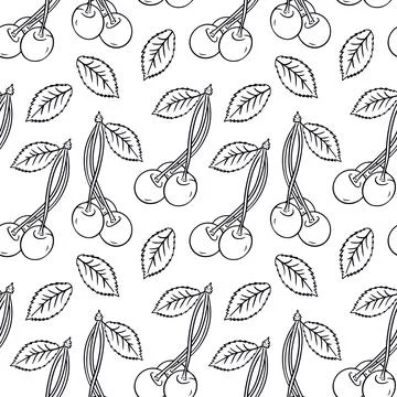 Cherries and leaves on a white background. Seamless pattern Stock Illustration