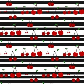 Cherries and Stripes Seamless Pattern - Cherries on horizontal black and whit 스톡 일러스트