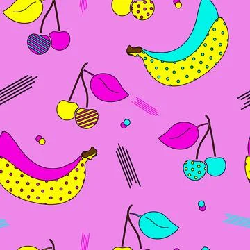 Cherries, banana seamless pattern pop art style.Abstract colorful fruit print. Stock Illustration