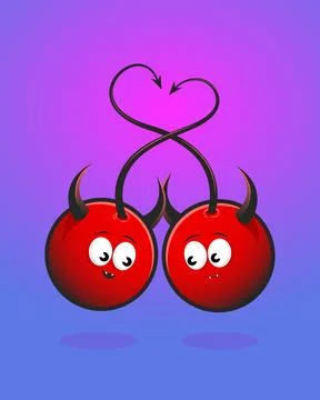 Cherries characters. Two cartoon devil cherries illustration. Stock Illustration