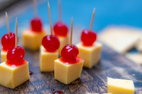 Cherries with cheese for appetizer, Stock Photos
