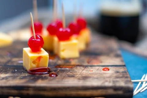 Cherries with cheese for appetizer, Stock Photos
