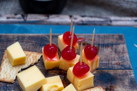 Cherries with cheese for appetizer, Stock Photos