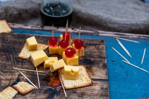 Cherries with cheese for appetizer, Stock Photos