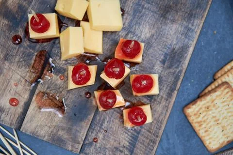Cherries with cheese for appetizer, Stock Photos
