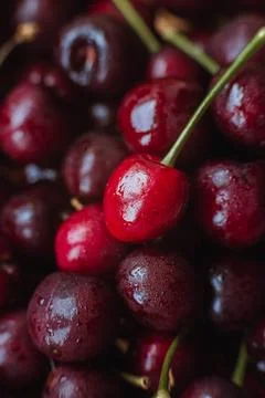 Cherries. Cherry background. Fruit background. Wet cherry with leaves Fotos de archivo