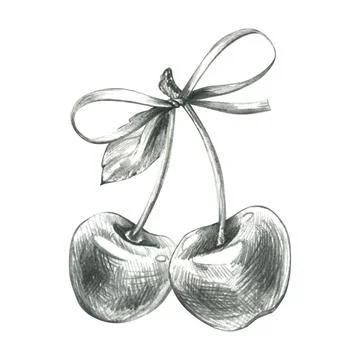 Cherries with decorative bow tied on stem in monochrome pencil style, hand drawn Illustrazione stock