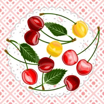 Cherries of different colors on a napkin Ilustração Stock