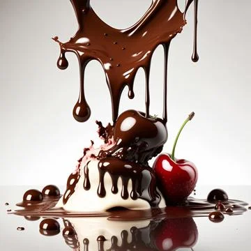 Cherries falling in chocolate splashes Stock Illustration