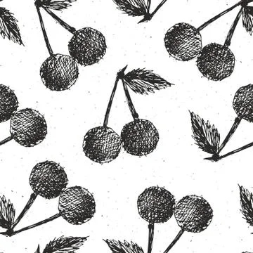 Cherries hand drawn seamless pattern, fruits background vector illustration. Illustrazione stock