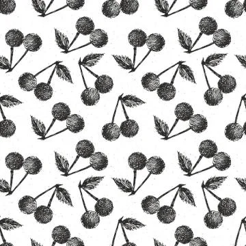 Cherries hand drawn seamless pattern, fruits background vector illustration. Illustrazione stock
