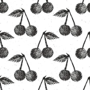Cherries hand drawn seamless pattern, fruits background vector illustration. Illustrazione stock