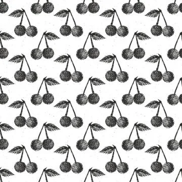 Cherries hand drawn seamless pattern, fruits background vector illustration. Illustrazione stock