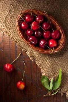 Cherries on Jute Stock Photos