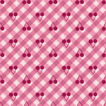 Cherries on pink gingham seamless vector pattern Stock Illustration