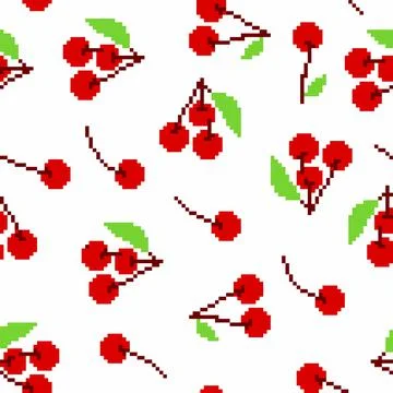Cherries ,pixel art,seamless pattern for design Stock Illustration