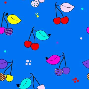 Cherries seamless pattern in pop art style. Abstract colorful fruit print. Stock Illustration