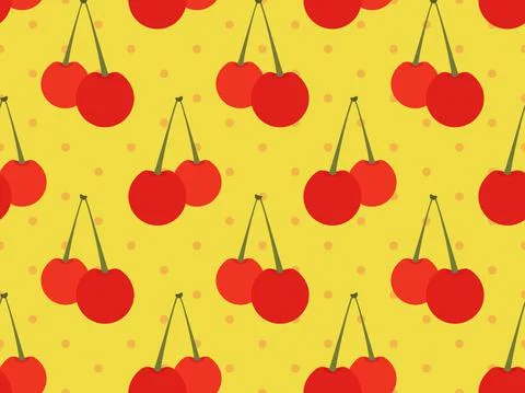 Cherries seamless pattern. Red cherry on a yellow background, dotted pop art  Illustrazione stock