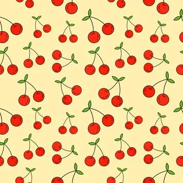 Cherries seamless pattern on yellow background. Stock Illustration
