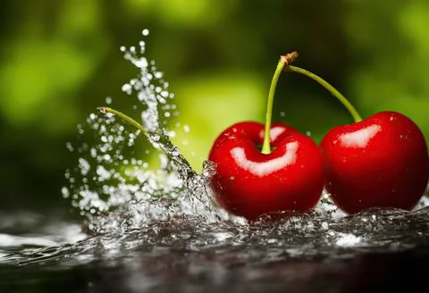 Cherries splashed with water captures the beauty of slow motion photography. Stock Illustration