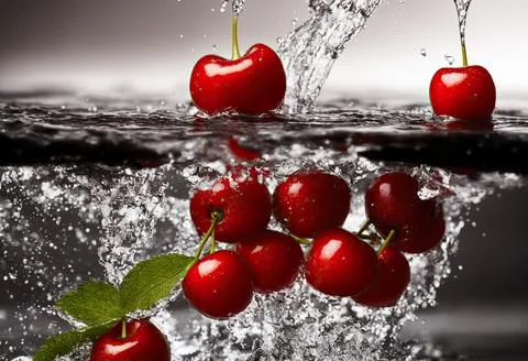 Cherries splashed with water captures the beauty of slow motion photography. Stock Illustration