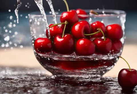 Cherries splashed with water captures the beauty of slow motion photography. Stock Illustration