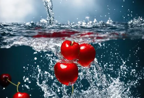 Cherries splashed with water captures the beauty of slow motion photography. Stock Illustration