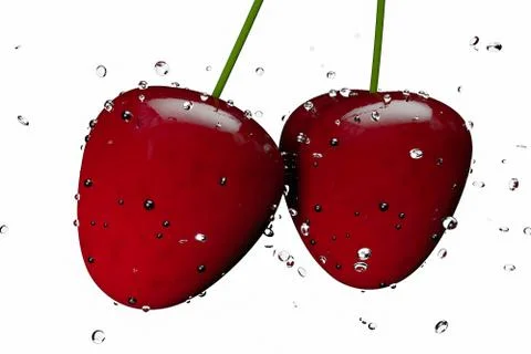 Cherries with water splashes, isolated on white background 3d illustration Stock Illustration
